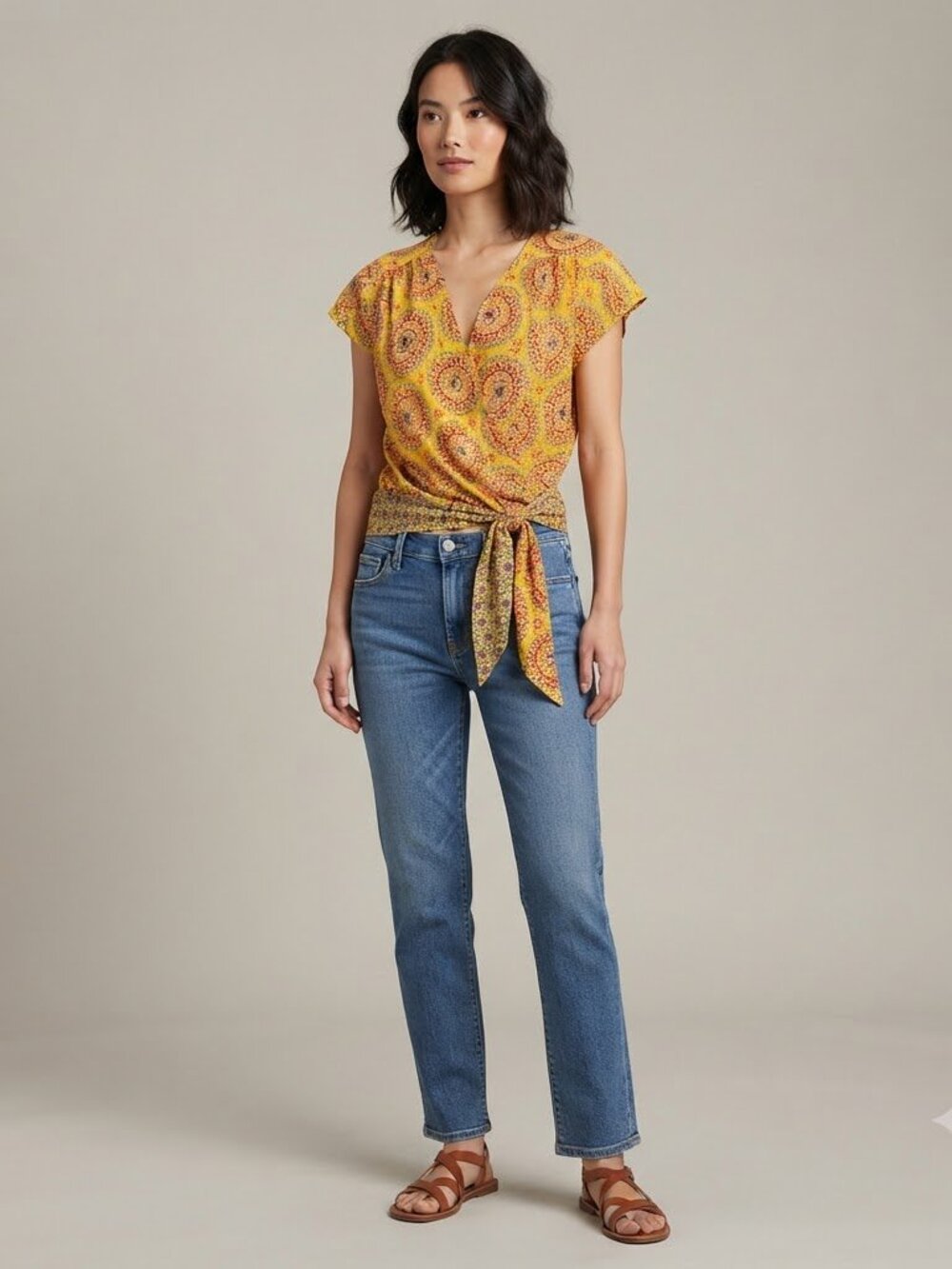 Maeve Bohemian Yellow Paisley Wrap Tie-Front Blouse - Size Small